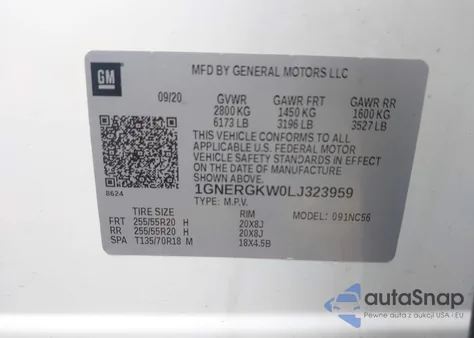 2020 Chevrolet Traverse Fwd Lt Cloth z USA, uszkodzony, nr VIN 1GNERGKW0LJ323959